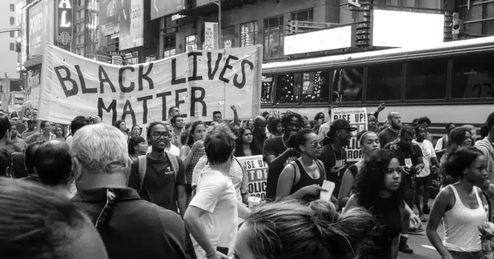 People protesting on a street as part of "Black Lives Matter"