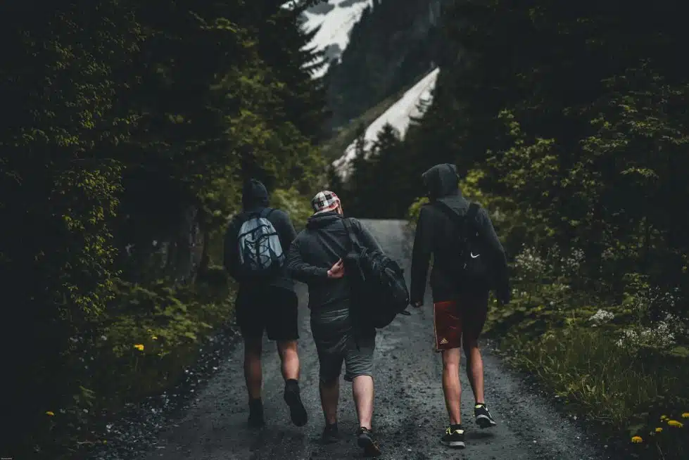 three boys hiking on trail